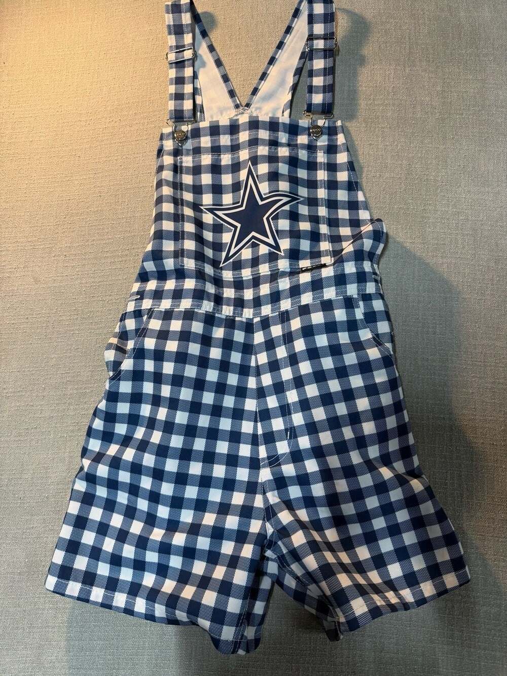 FOCO Dallas Cowboys Women's Navy Blue Plaid Gingham Bib Shortalls Medium